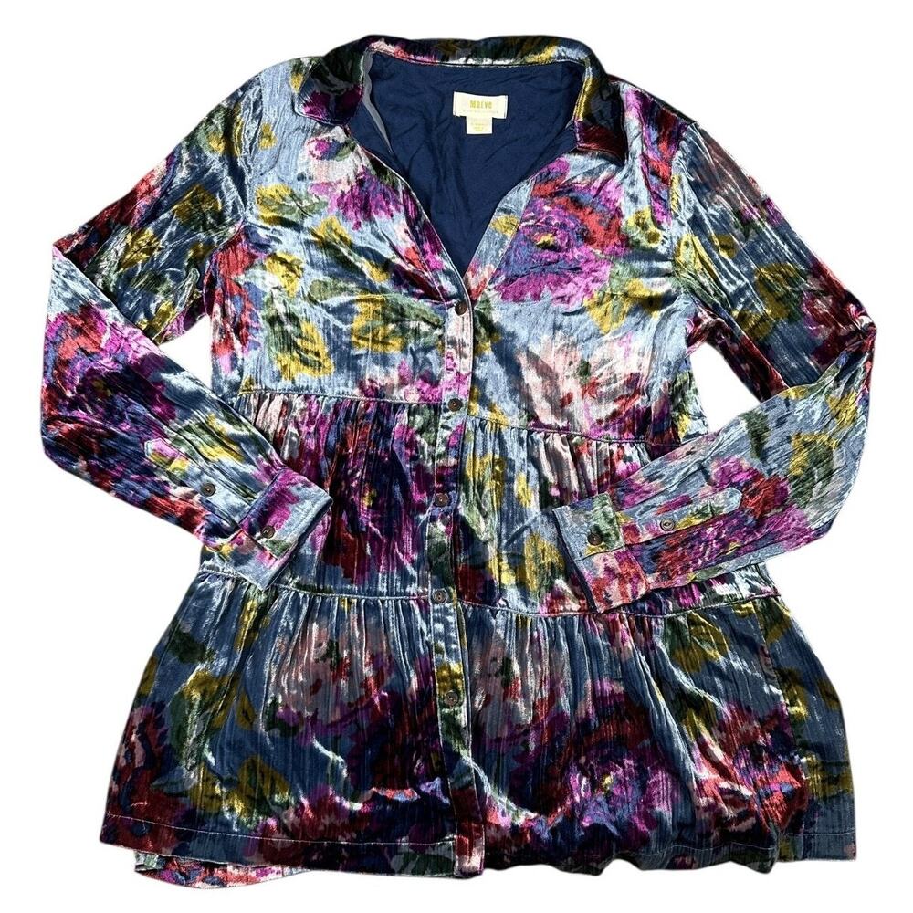 Anthropologie Maeve Reverie Tiered Blouse Womens XS Blue Floral Velvet Top